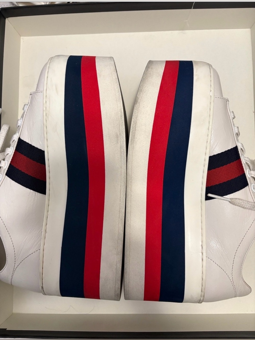 Gucci White Sneakers with Red and Navy Stripe Platform